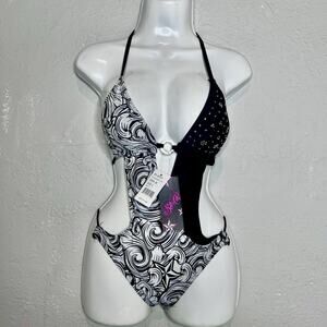 Y2K Rare Socal One Piece Bikini Rhinestones Black & White Adjustable Size S NWT